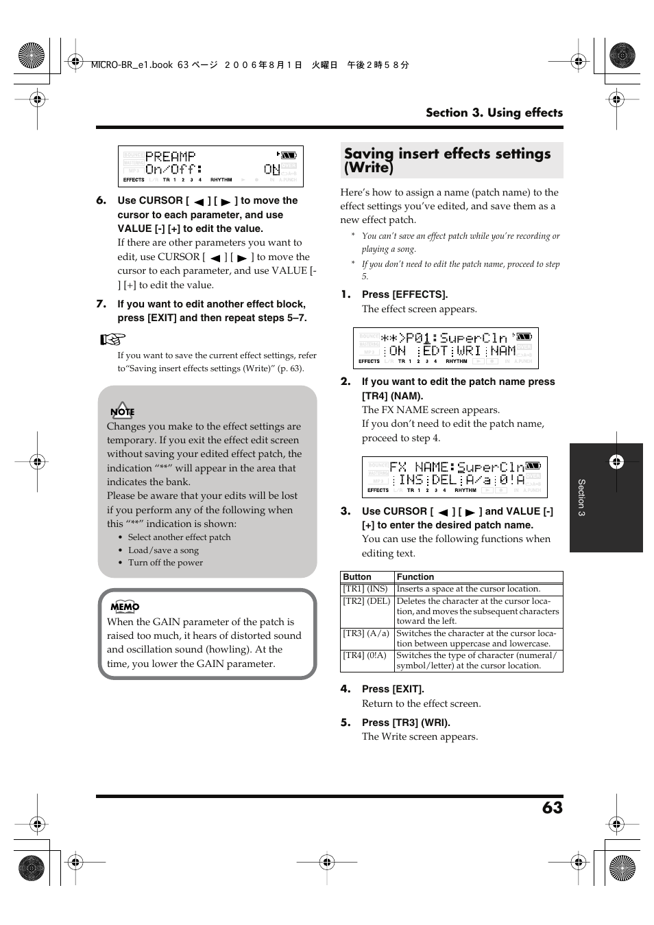 Saving insert effects settings (write) | Roland BOSS DIGITAL RECORDER MICRO BR User Manual | Page 63 / 132