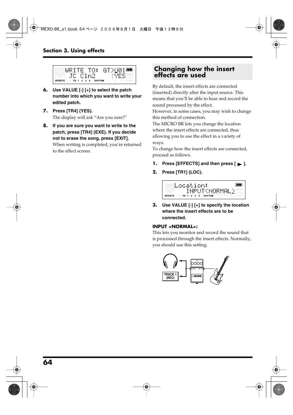 Changing how the insert effects are used | Roland BOSS DIGITAL RECORDER MICRO BR User Manual | Page 64 / 132