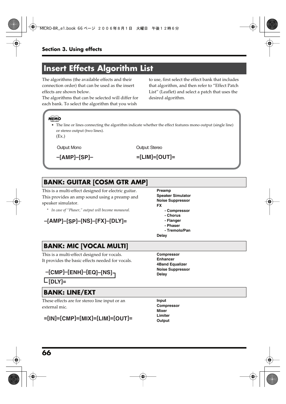 Insert effects algorithm list, Bank: guitar [cosm gtr amp, Bank: mic [vocal multi | Bank: line/ext | Roland BOSS DIGITAL RECORDER MICRO BR User Manual | Page 66 / 132