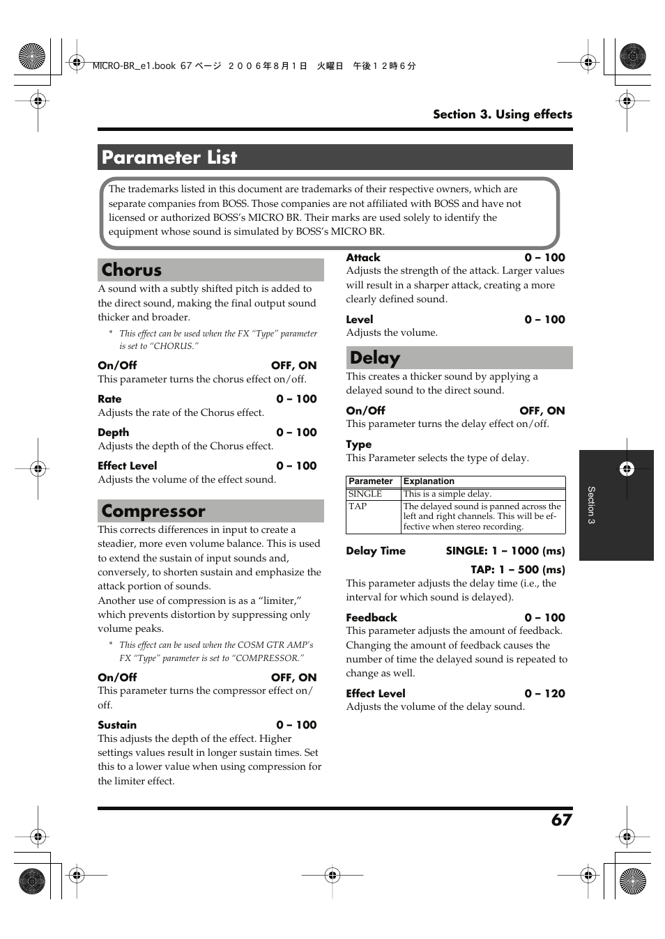 Parameter list, Parameter list” (p. 67), Chorus compressor delay | Roland BOSS DIGITAL RECORDER MICRO BR User Manual | Page 67 / 132