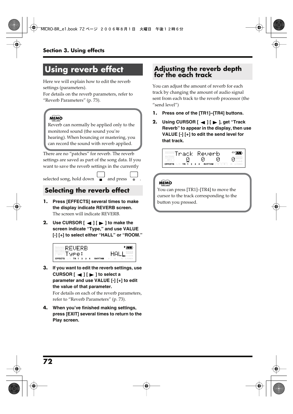 Using reverb effect, Selecting the reverb effect, Adjusting the reverb depth for the each track | Using reverb effect” (p. 72), You can apply reverb (p. 72) or the insert, Comes with onboard reverb effects (p. 72) | Roland BOSS DIGITAL RECORDER MICRO BR User Manual | Page 72 / 132