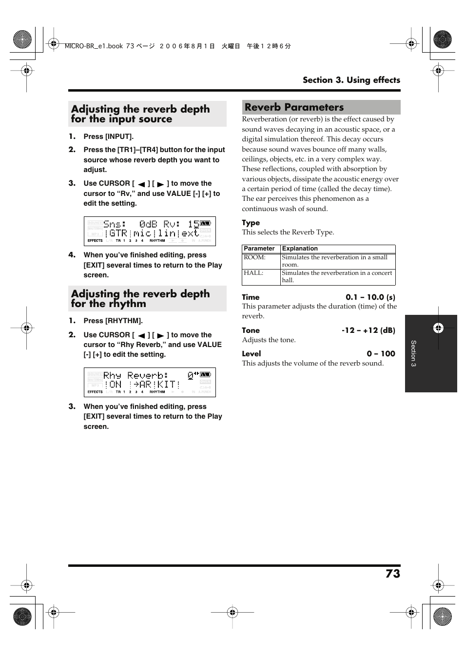 Adjusting the reverb depth for the input source, Adjusting the reverb depth for the rhythm, Reverb parameters | Reverb parameters” (p. 73) | Roland BOSS DIGITAL RECORDER MICRO BR User Manual | Page 73 / 132