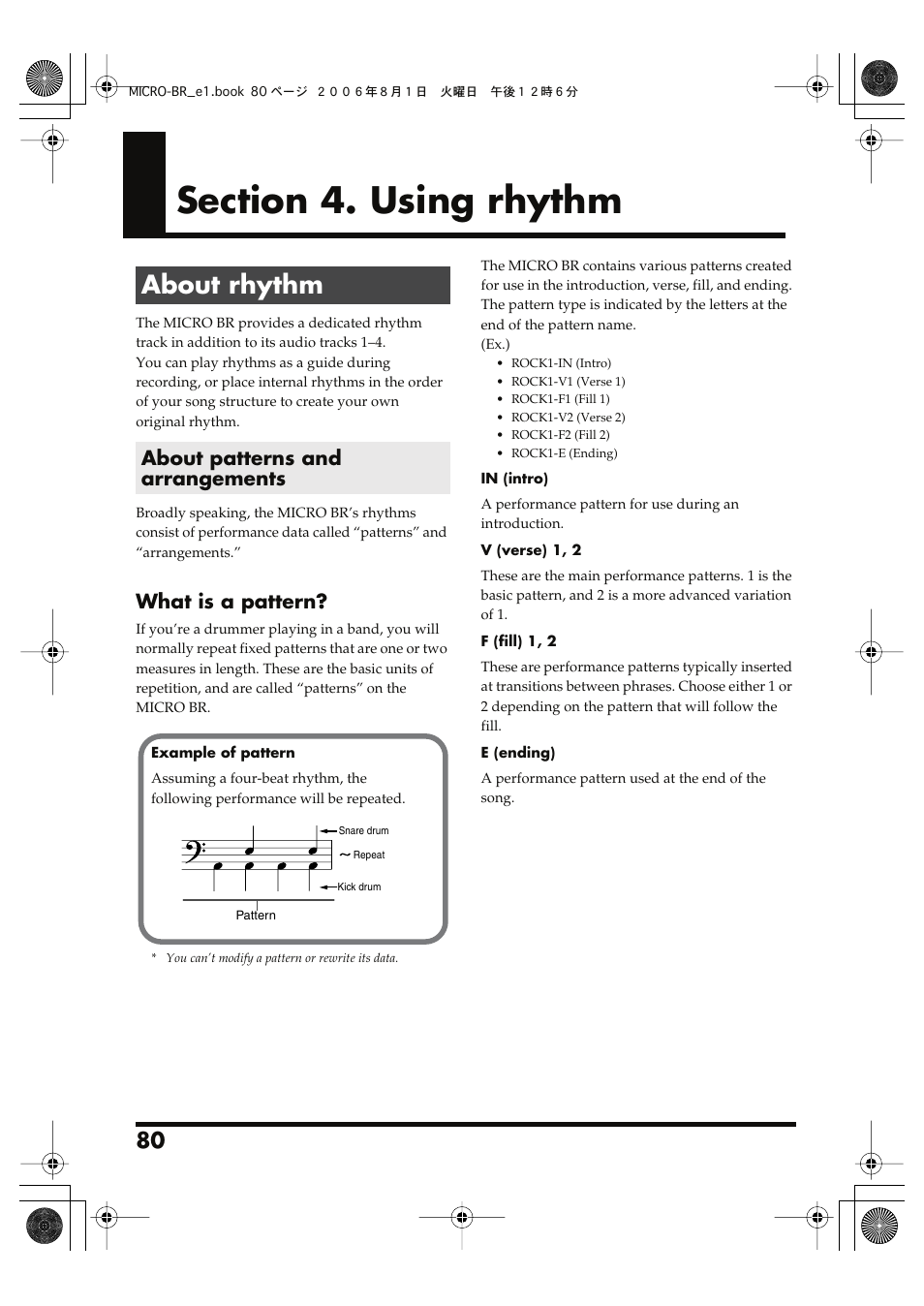 Section 4. using rhythm, About rhythm, About patterns and arrangements | Section 4. using rhythm” (p. 80), What is a pattern | Roland BOSS DIGITAL RECORDER MICRO BR User Manual | Page 80 / 132