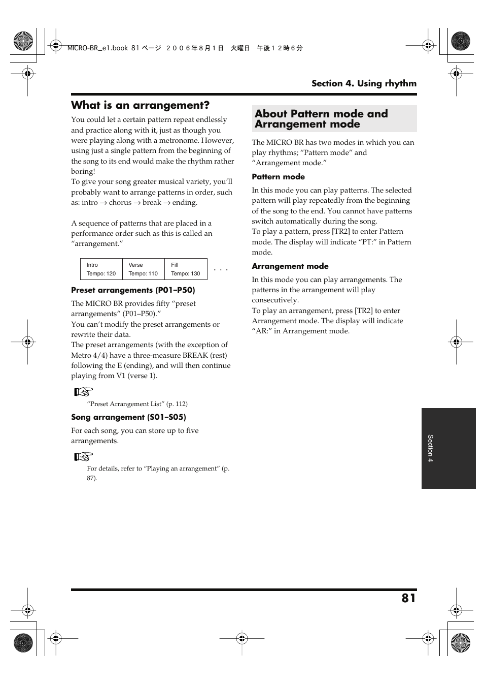 About pattern mode and arrangement mode, What is an arrangement | Roland BOSS DIGITAL RECORDER MICRO BR User Manual | Page 81 / 132