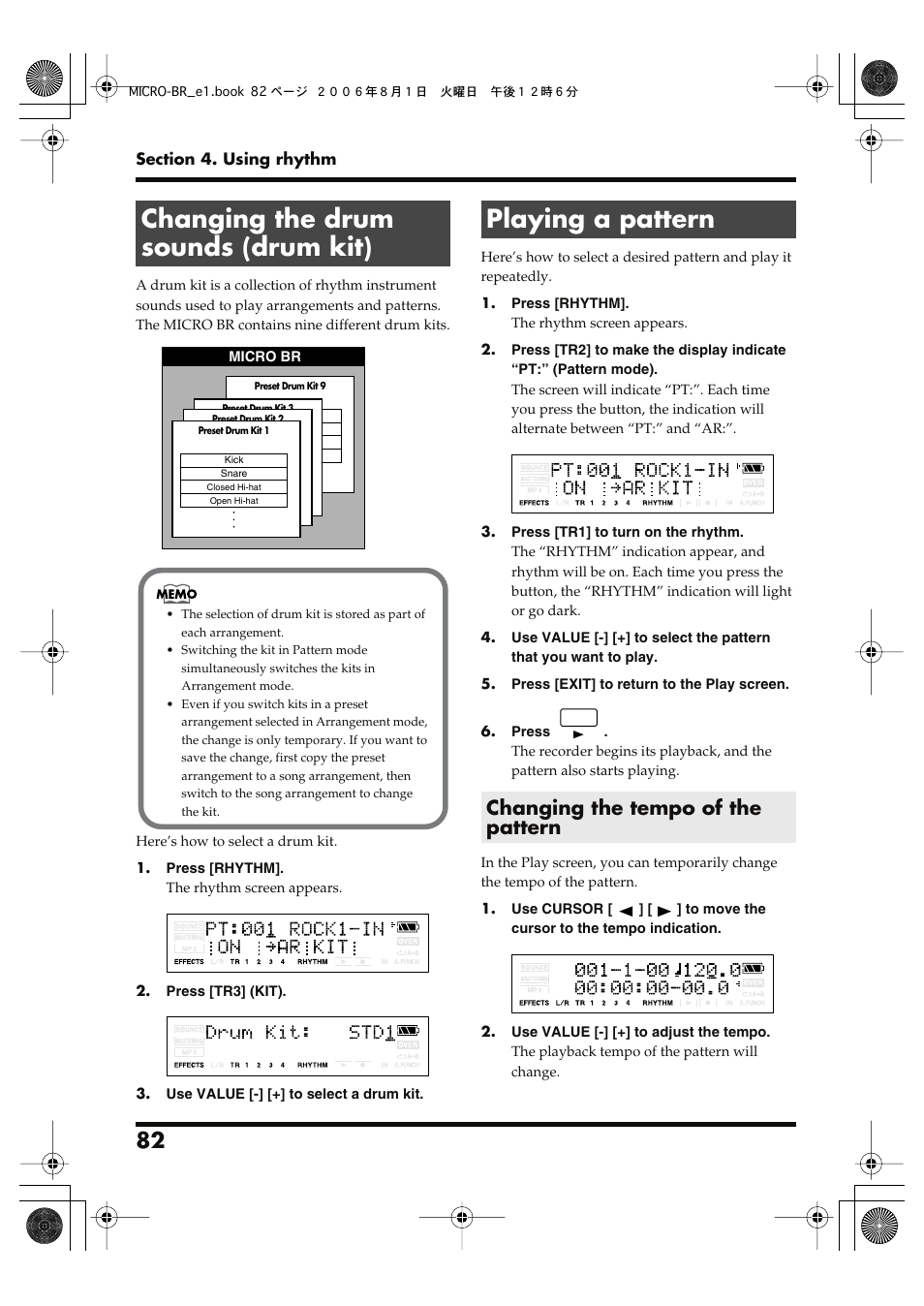 Changing the drum sounds (drum kit), Playing a pattern, Changing the tempo of the pattern | Playing a pattern (p. 82) | Roland BOSS DIGITAL RECORDER MICRO BR User Manual | Page 82 / 132