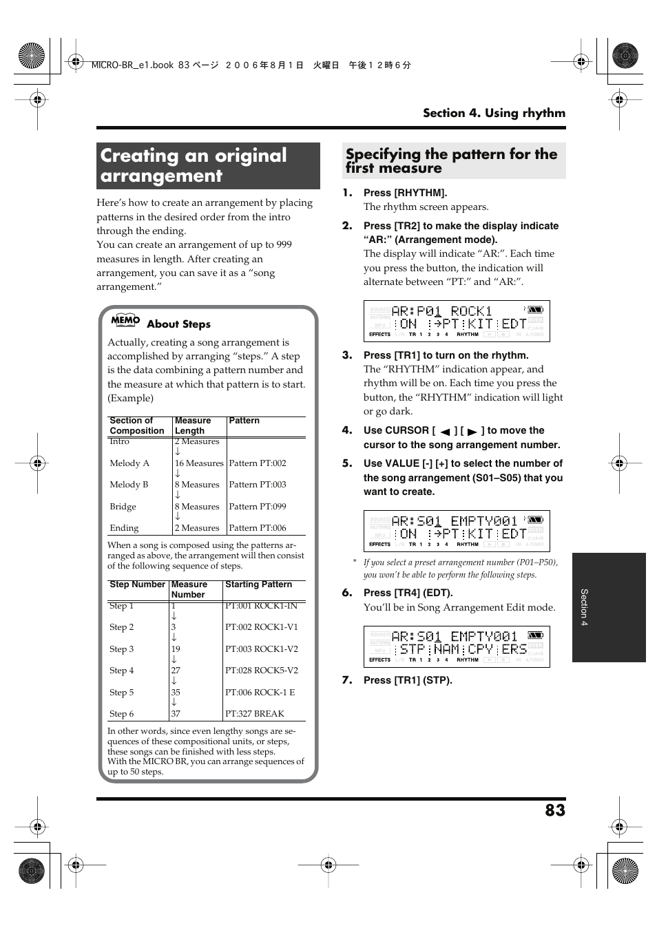 Creating an original arrangement, Specifying the pattern for the first measure | Roland BOSS DIGITAL RECORDER MICRO BR User Manual | Page 83 / 132