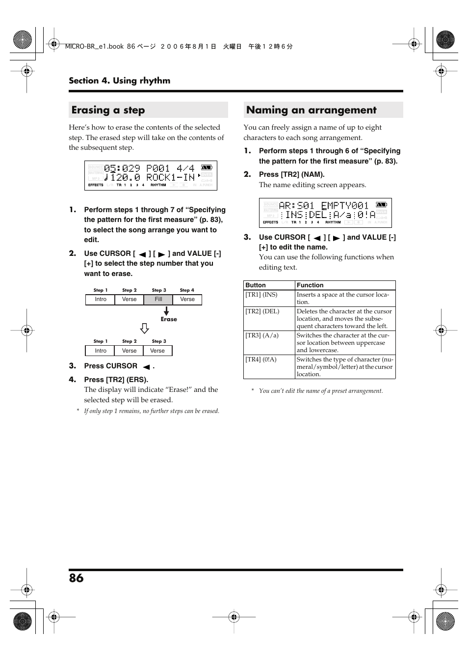 Erasing a step, Naming an arrangement, Erasing a step naming an arrangement | Roland BOSS DIGITAL RECORDER MICRO BR User Manual | Page 86 / 132