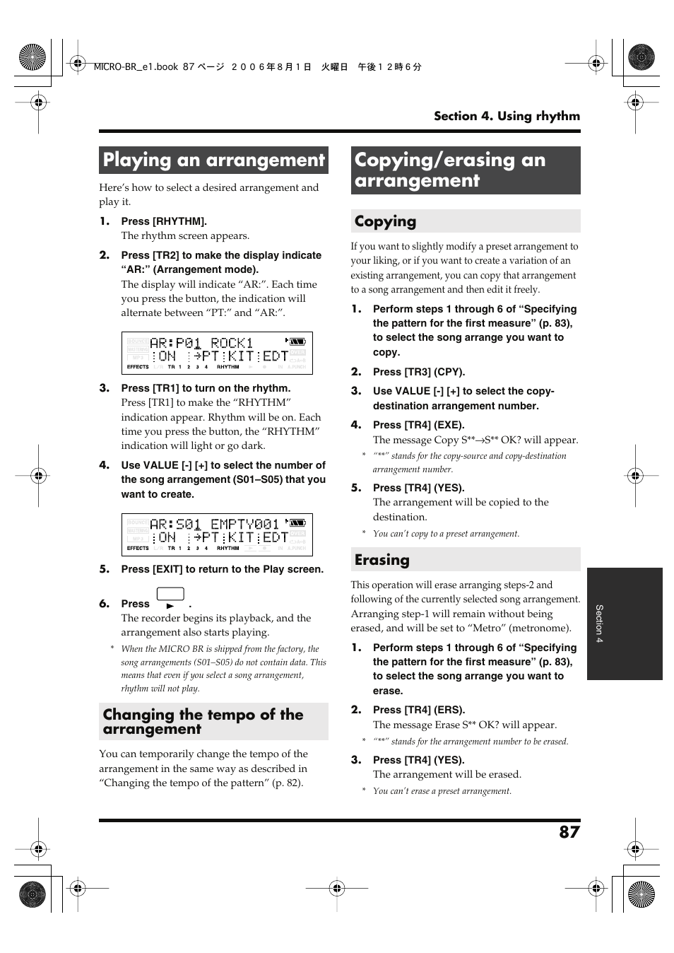 Playing an arrangement, Changing the tempo of the arrangement, Copying/erasing an arrangement | Copying, Erasing, Copying erasing | Roland BOSS DIGITAL RECORDER MICRO BR User Manual | Page 87 / 132