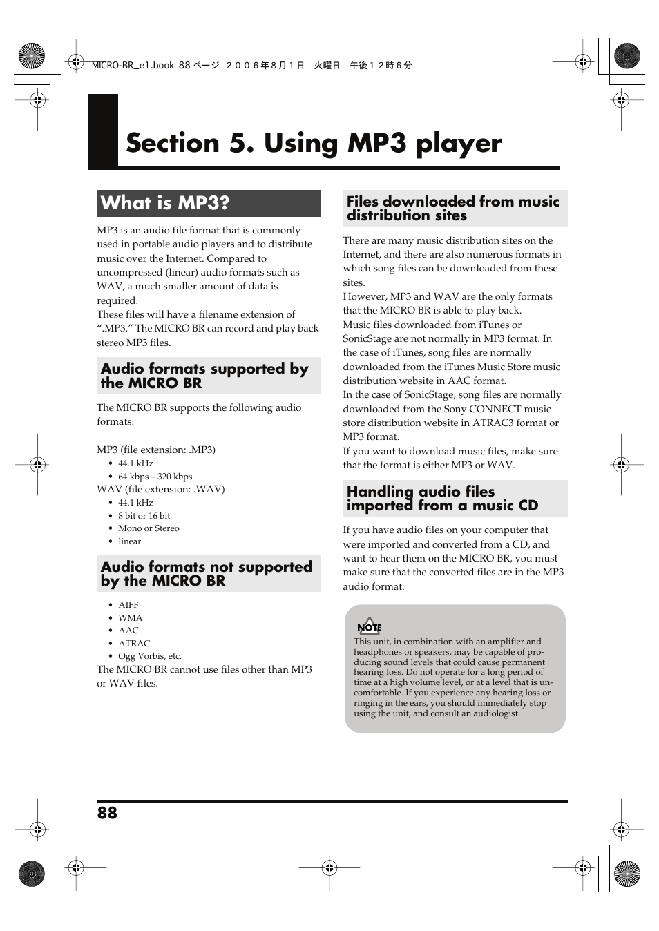 Section 5. using mp3 player, What is mp3, Audio formats supported by the micro br | Audio formats not supported by the micro br, Files downloaded from music distribution sites, Handling audio files imported from a music cd, Section 5. using mp3 player” (p. 88) | Roland BOSS DIGITAL RECORDER MICRO BR User Manual | Page 88 / 132