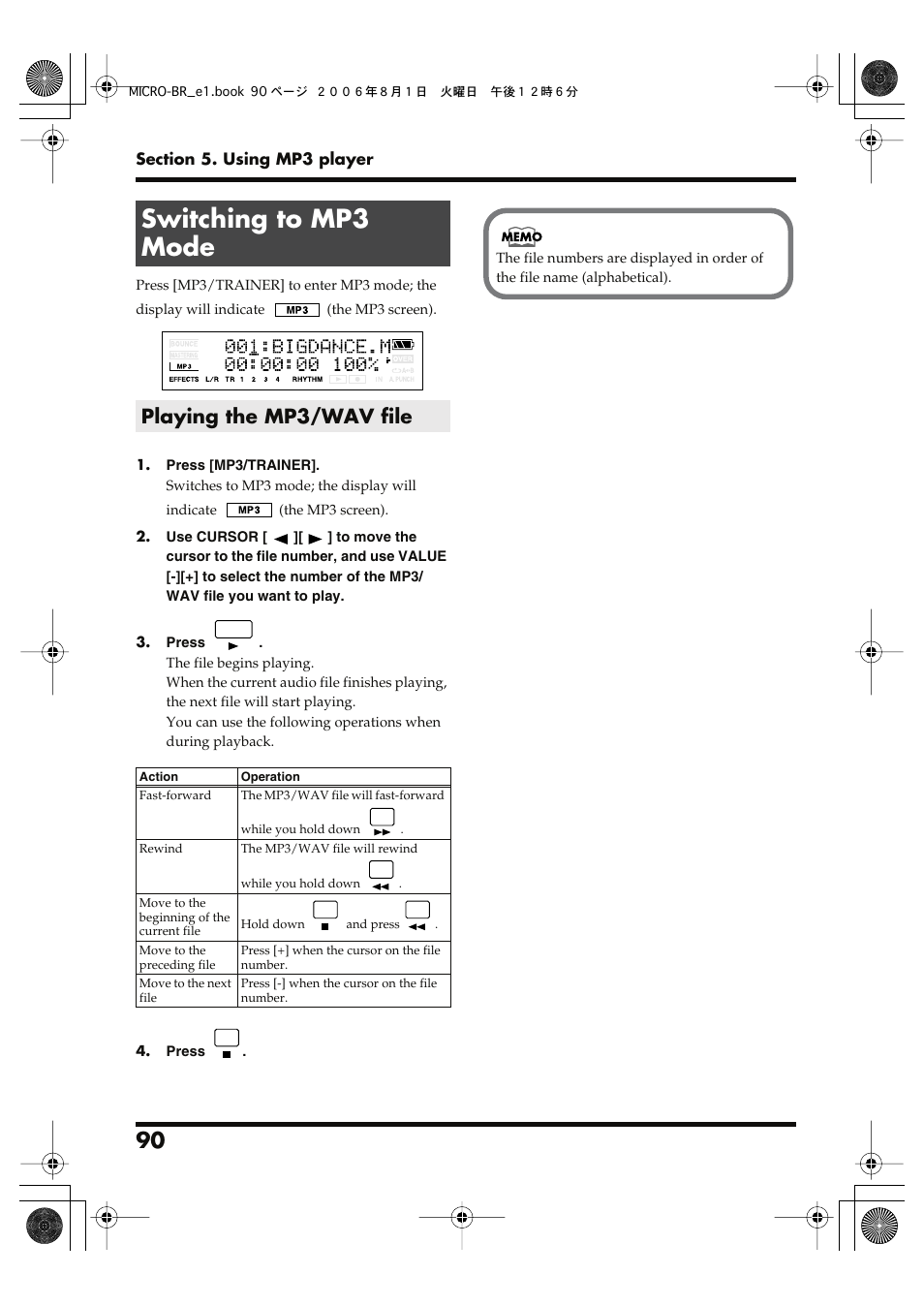 Switching to mp3 mode, Playing the mp3/wav file | Roland BOSS DIGITAL RECORDER MICRO BR User Manual | Page 90 / 132