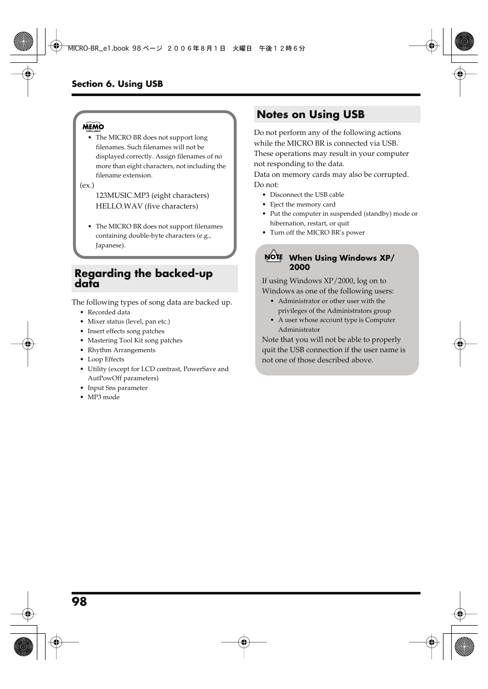 Regarding the backed-up data, Notes on using usb, Regarding the backed-up data notes on using usb | Roland BOSS DIGITAL RECORDER MICRO BR User Manual | Page 98 / 132