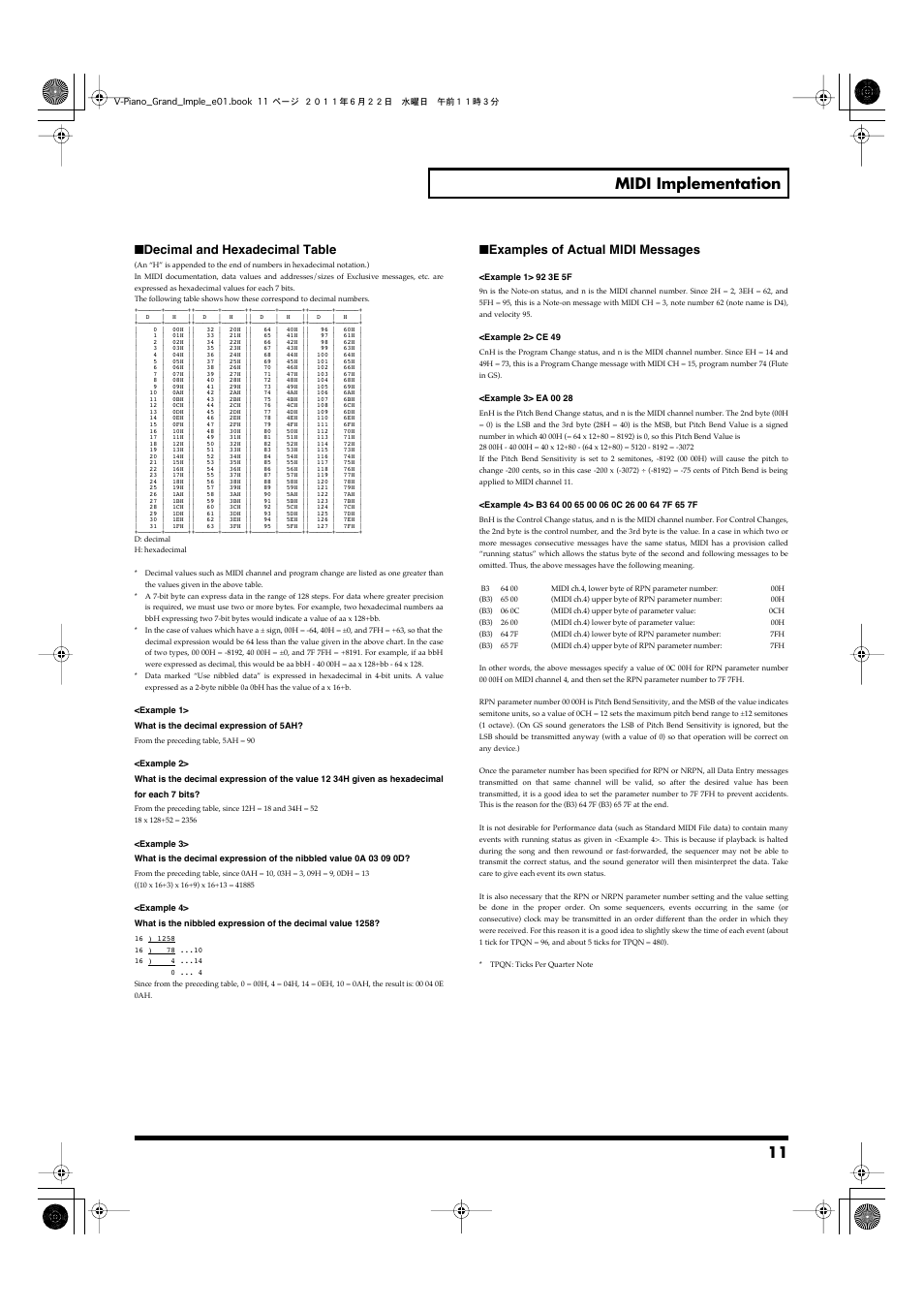 11 midi implementation, Decimal and hexadecimal table, Examples of actual midi messages | Roland V-Piano Grand gp-7 User Manual | Page 11 / 14