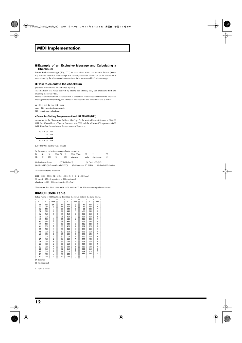 12 midi implementation, Ascii code table | Roland V-Piano Grand gp-7 User Manual | Page 12 / 14