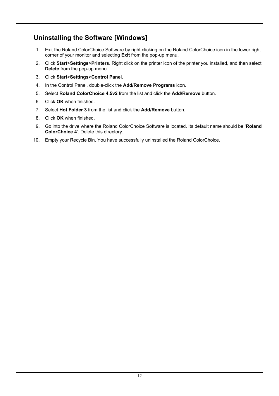 Uninstalling the software [windows | Roland ColorChoice  Ver. 4.5 User Manual | Page 12 / 52