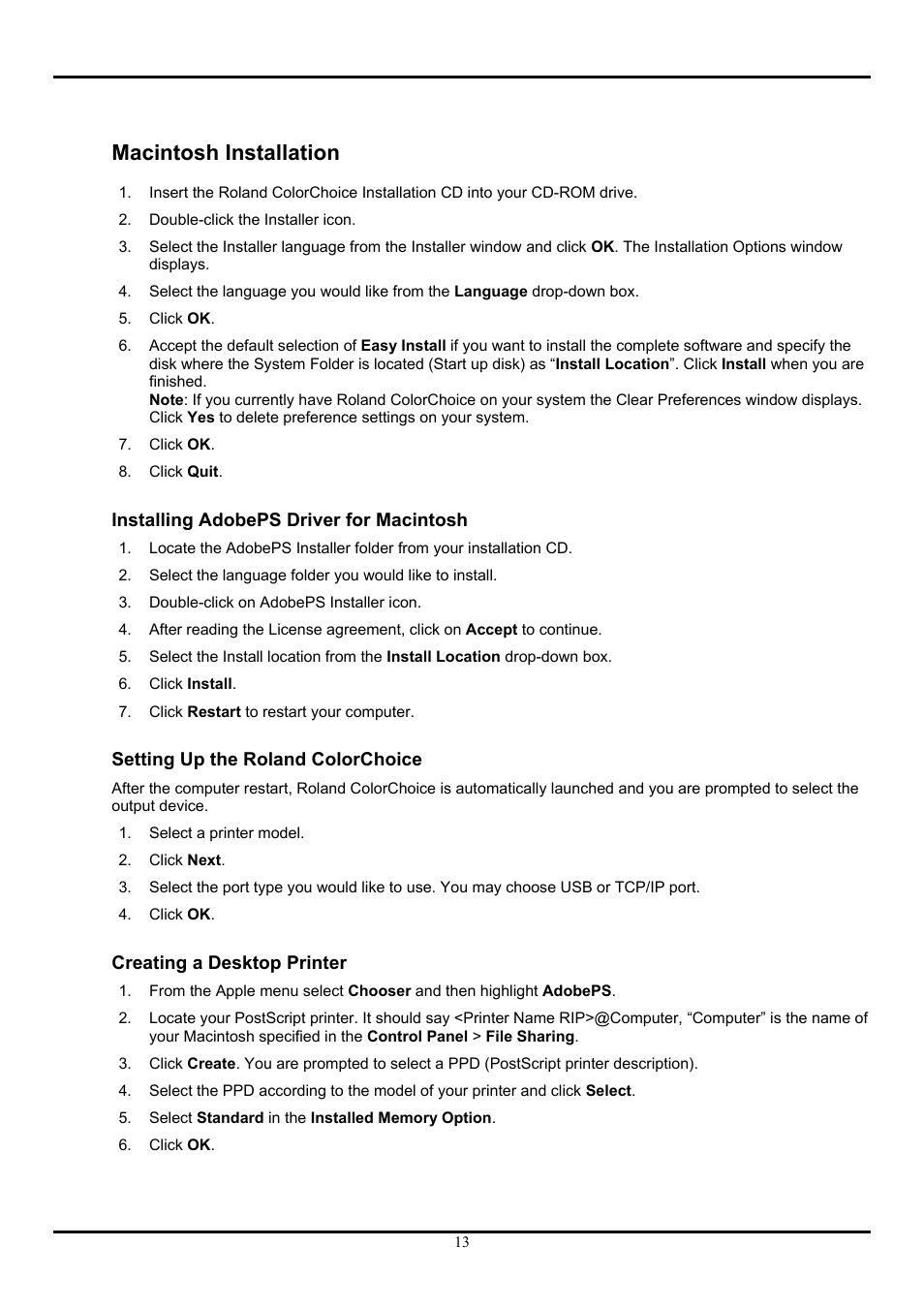 Macintosh installation, Installing adobeps driver for macintosh, Setting up the roland colorchoice | Creating a desktop printer | Roland ColorChoice  Ver. 4.5 User Manual | Page 13 / 52