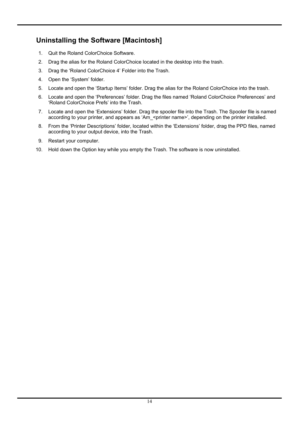 Uninstalling the software [macintosh | Roland ColorChoice  Ver. 4.5 User Manual | Page 14 / 52
