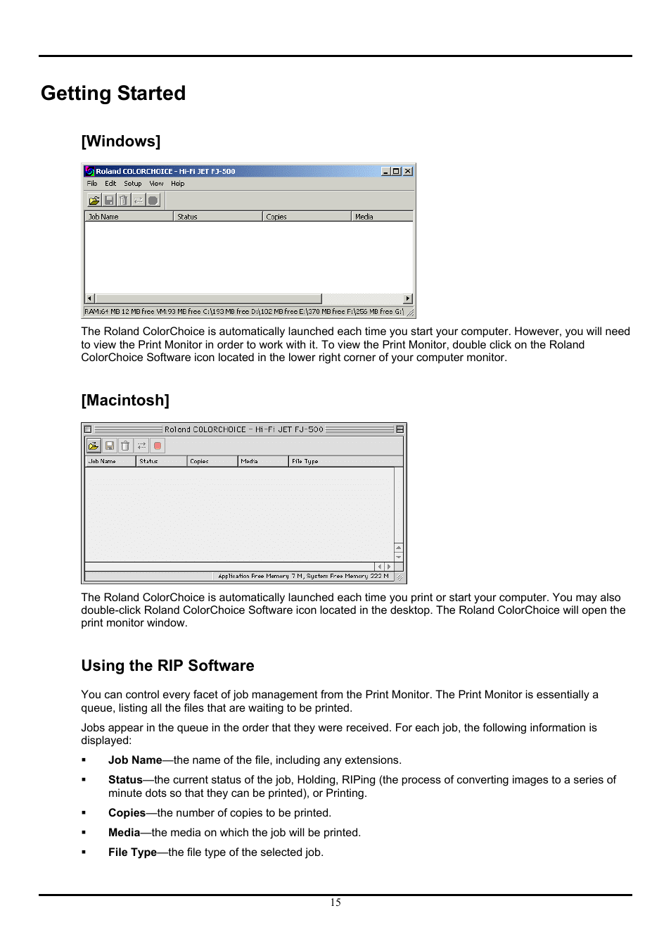Getting started, Windows, Macintosh | Using the rip software, Windows] [macintosh] using the rip software | Roland ColorChoice  Ver. 4.5 User Manual | Page 15 / 52