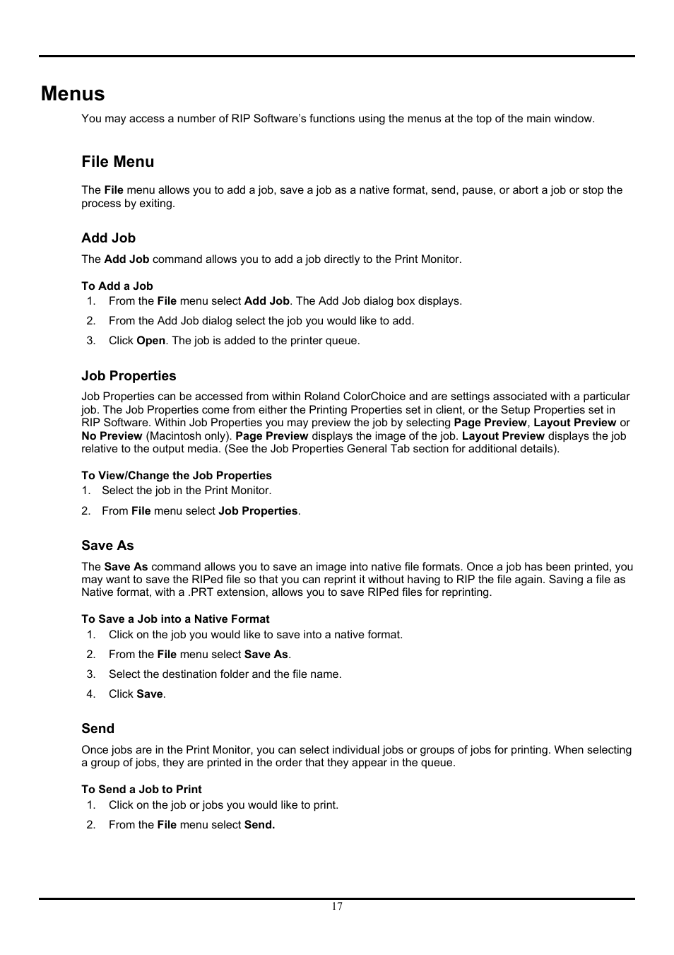 Menus, File menu, Add job | Job properties, Save as, Send | Roland ColorChoice  Ver. 4.5 User Manual | Page 17 / 52