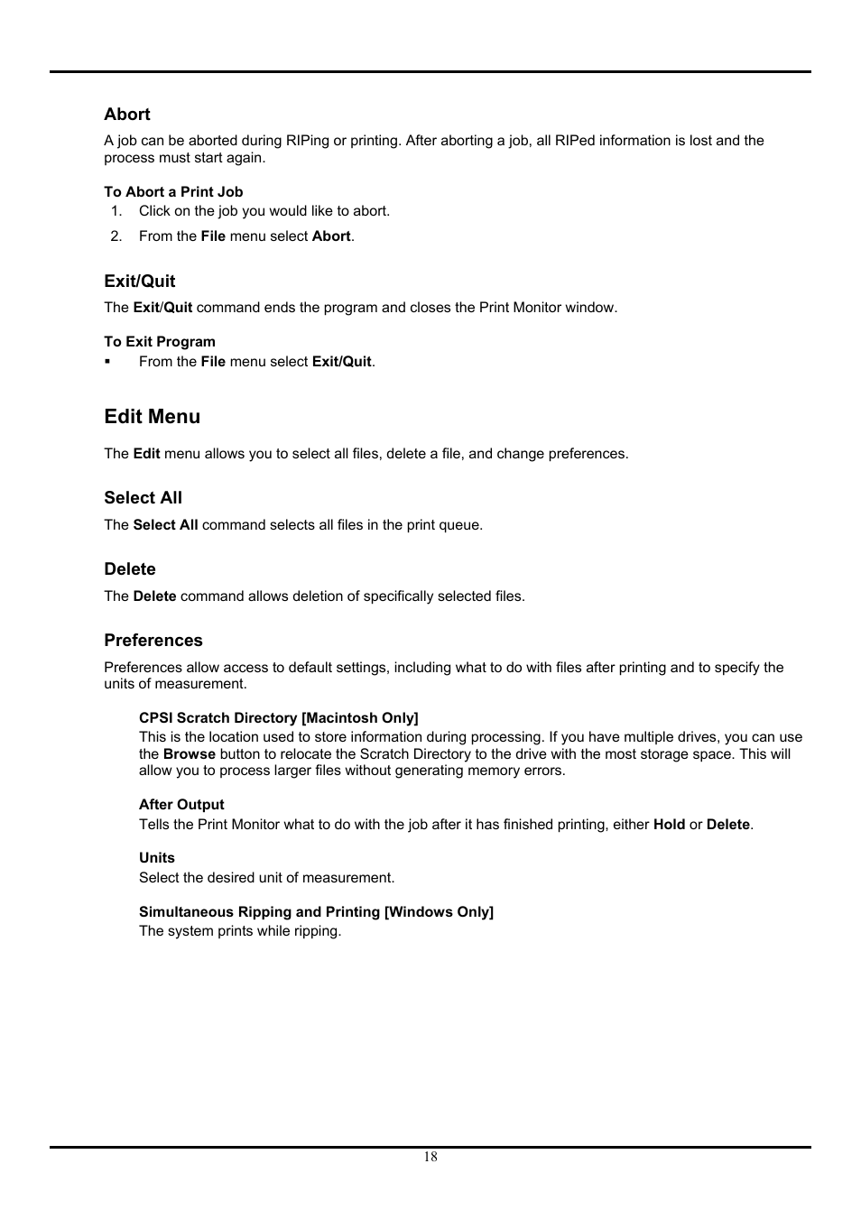 Abort, Exit/quit, Edit menu | Select all, Delete, Preferences | Roland ColorChoice  Ver. 4.5 User Manual | Page 18 / 52
