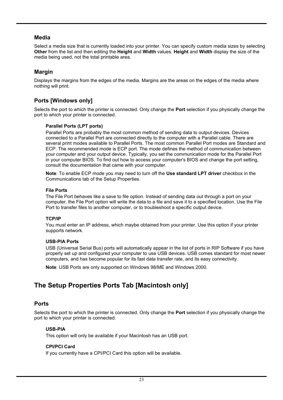 Media, Margin, Ports [windows only | The setup properties ports tab [macintosh only, Ports | Roland ColorChoice  Ver. 4.5 User Manual | Page 23 / 52