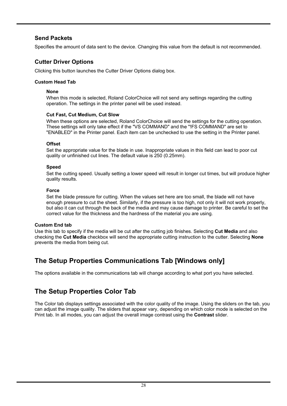 Send packets, Cutter driver options, The setup properties color tab | Roland ColorChoice  Ver. 4.5 User Manual | Page 28 / 52