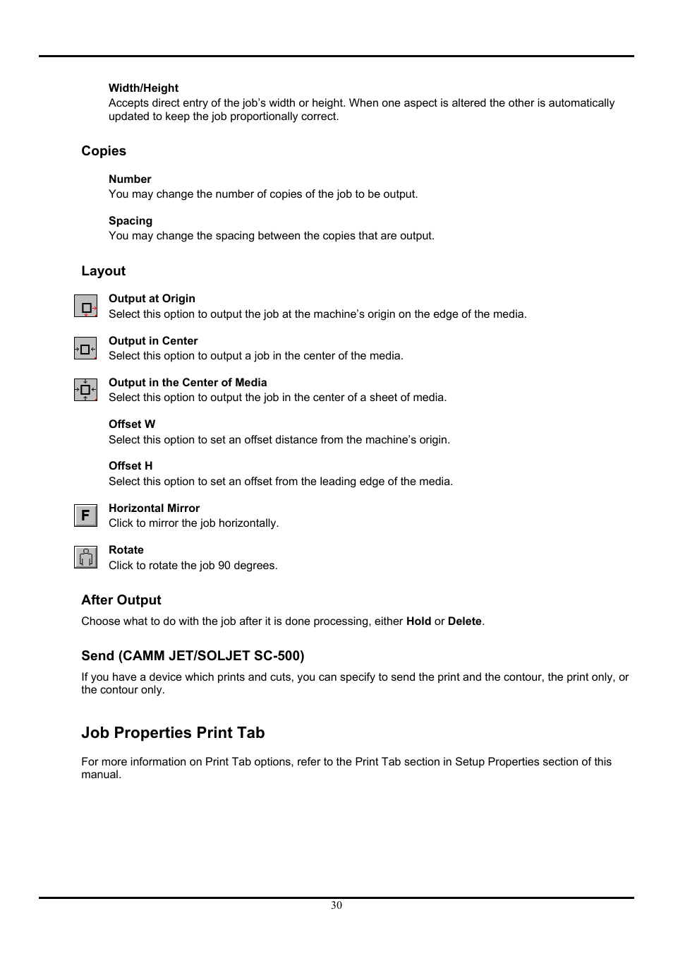 Copies, Layout, After output | Send (camm jet/soljet sc-500), Job properties print tab | Roland ColorChoice  Ver. 4.5 User Manual | Page 30 / 52
