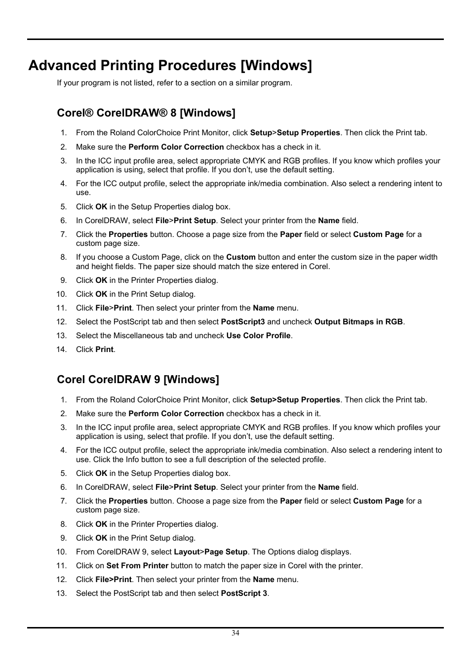Advanced printing procedures [windows, Corel coreldraw 8 [windows, Corel coreldraw 9 [windows | Corel® coreldraw® 8 [windows | Roland ColorChoice  Ver. 4.5 User Manual | Page 34 / 52