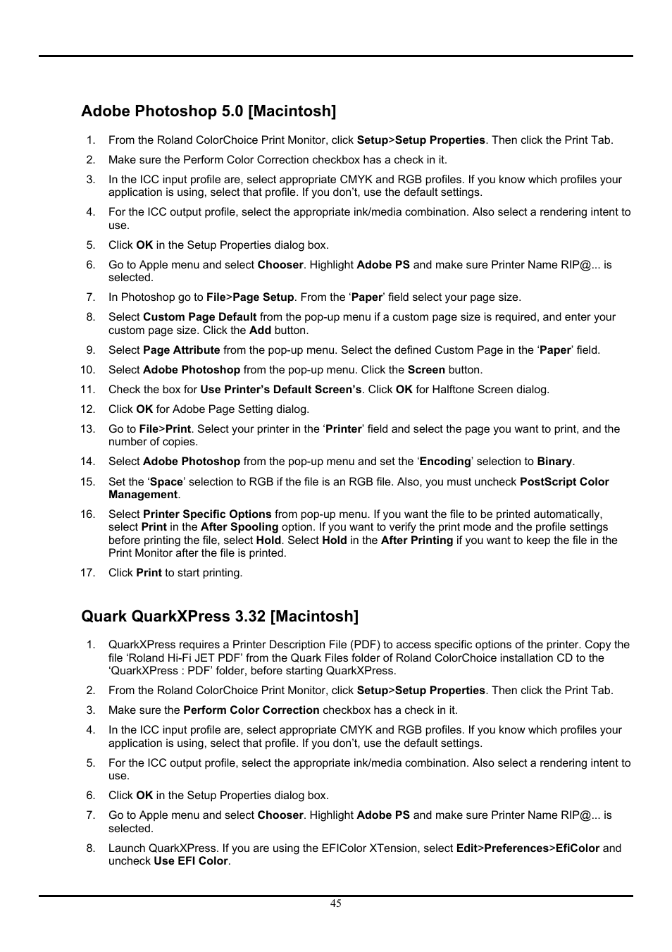 Adobe photoshop 5.0 [macintosh, Quark quarkxpress 3.32 [macintosh | Roland ColorChoice  Ver. 4.5 User Manual | Page 45 / 52