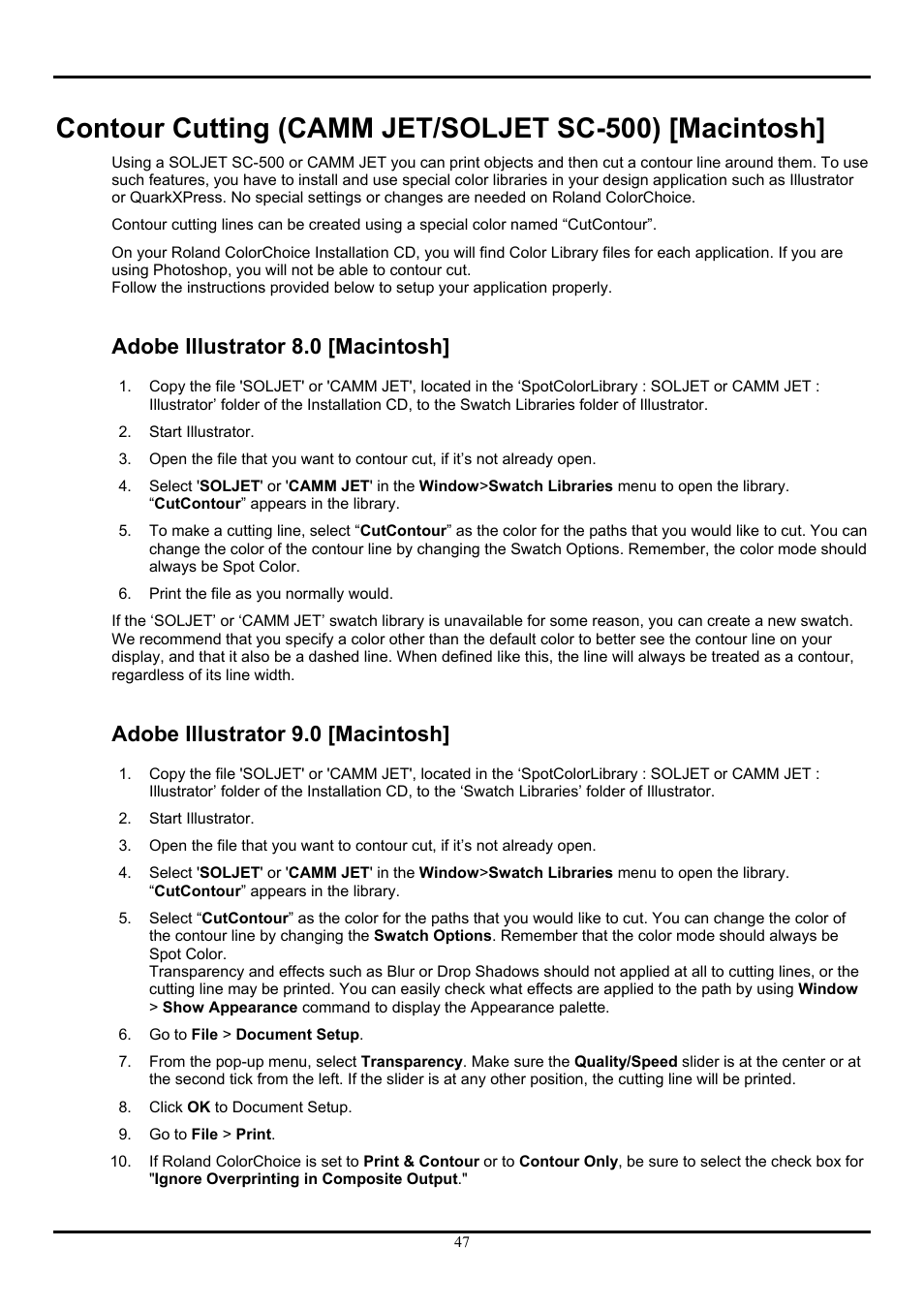 Adobe illustrator 8.0 [macintosh, Adobe illustrator 9.0 [macintosh | Roland ColorChoice  Ver. 4.5 User Manual | Page 47 / 52