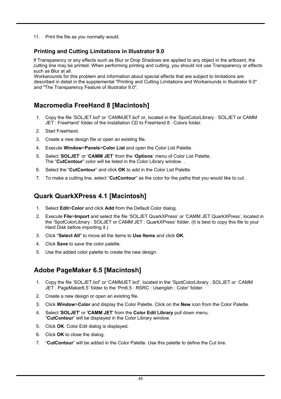 Macromedia freehand 8 [macintosh, Quark quarkxpress 4.1 [macintosh, Adobe pagemaker 6.5 [macintosh | Roland ColorChoice  Ver. 4.5 User Manual | Page 48 / 52