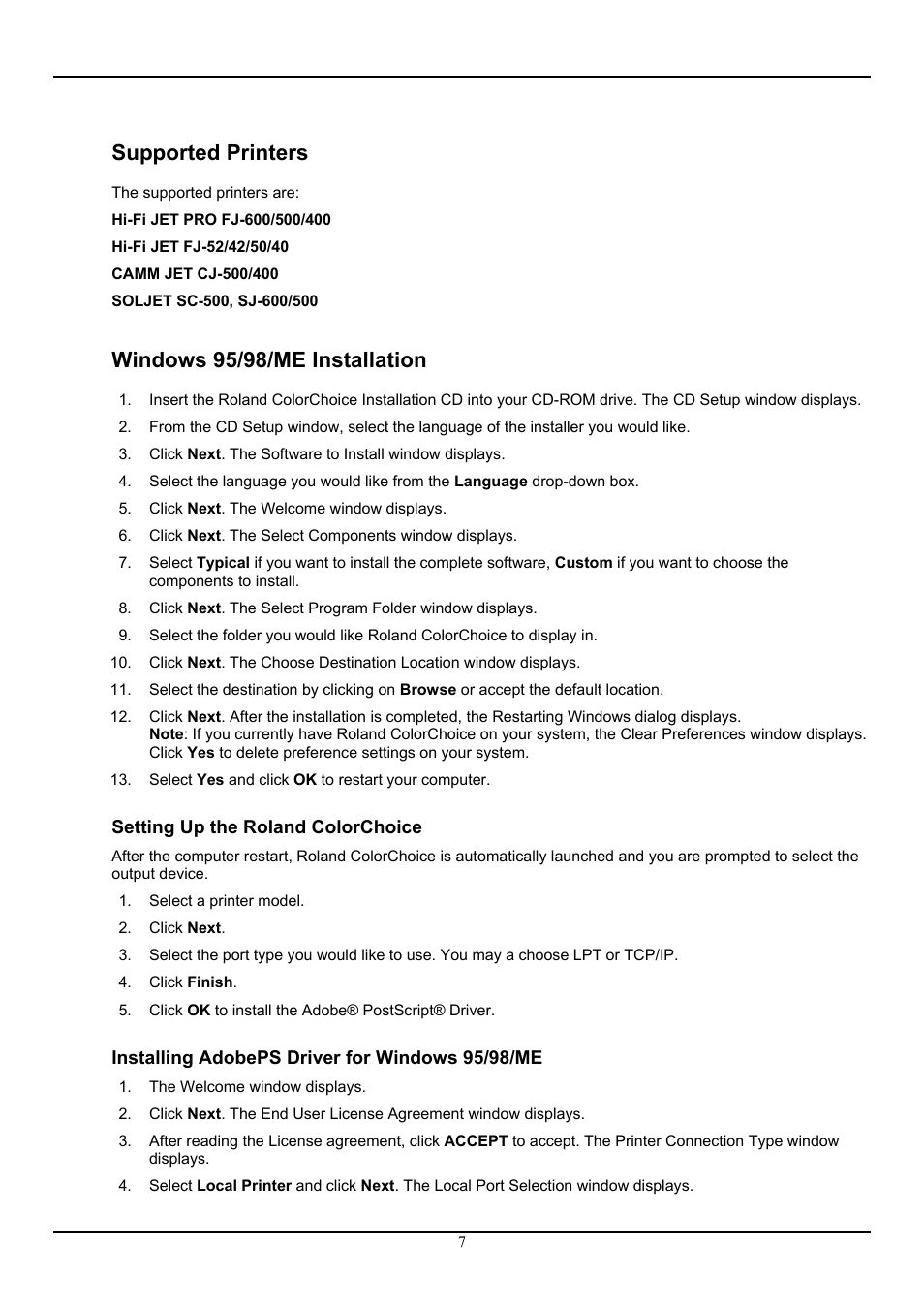Supported printers, Windows 95/98/me installation, Setting up the roland colorchoice | Installing adobeps driver for windows 95/98/me, Supported printers windows 95/98/me installation | Roland ColorChoice  Ver. 4.5 User Manual | Page 7 / 52