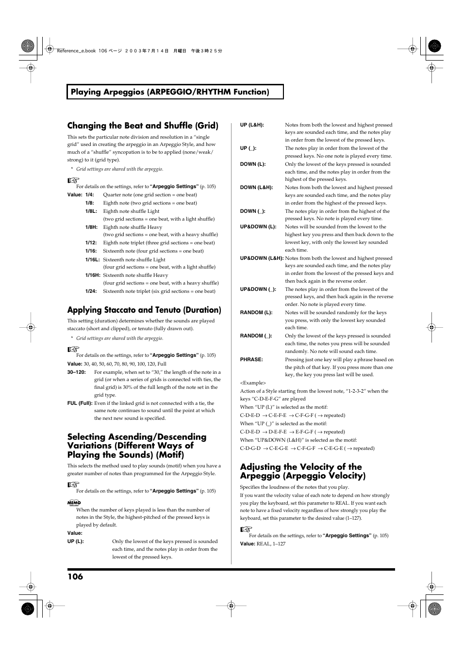 Changing the beat and shuffle (grid), Applying staccato and tenuto (duration), 106 playing arpeggios (arpeggio/rhythm function) | Roland Fantom-S User Manual | Page 106 / 228