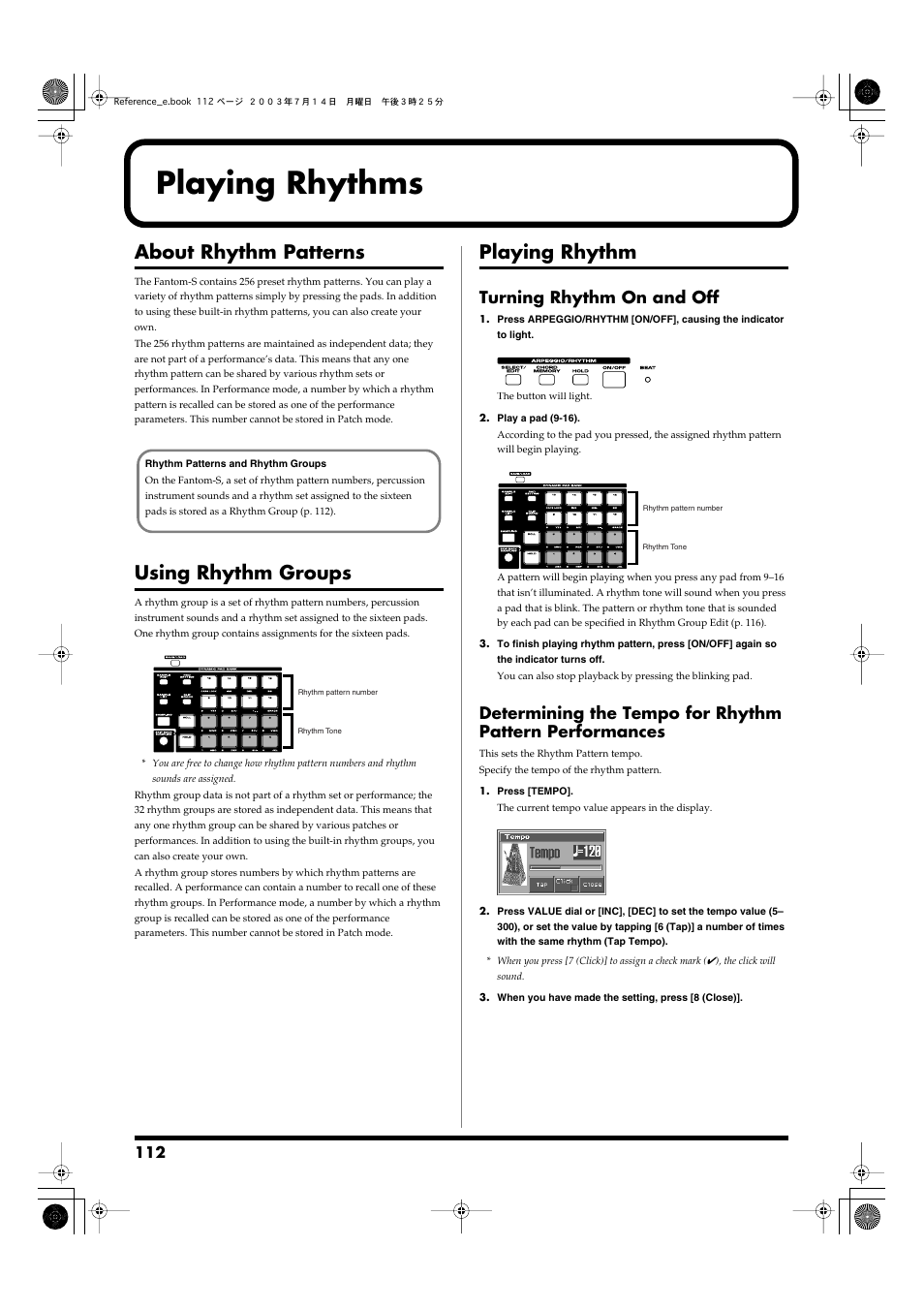 Playing rhythms, About rhythm patterns, Using rhythm groups | Playing rhythm, Turning rhythm on and off | Roland Fantom-S User Manual | Page 112 / 228