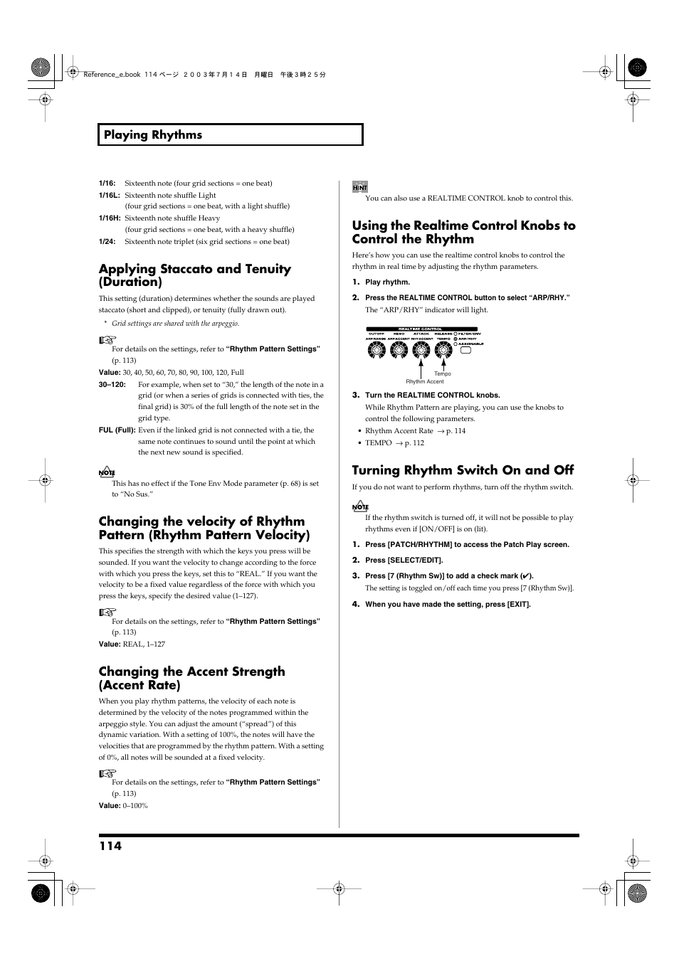 Applying staccato and tenuity (duration), Changing the accent strength (accent rate), Turning rhythm switch on and off | 114 playing rhythms | Roland Fantom-S User Manual | Page 114 / 228