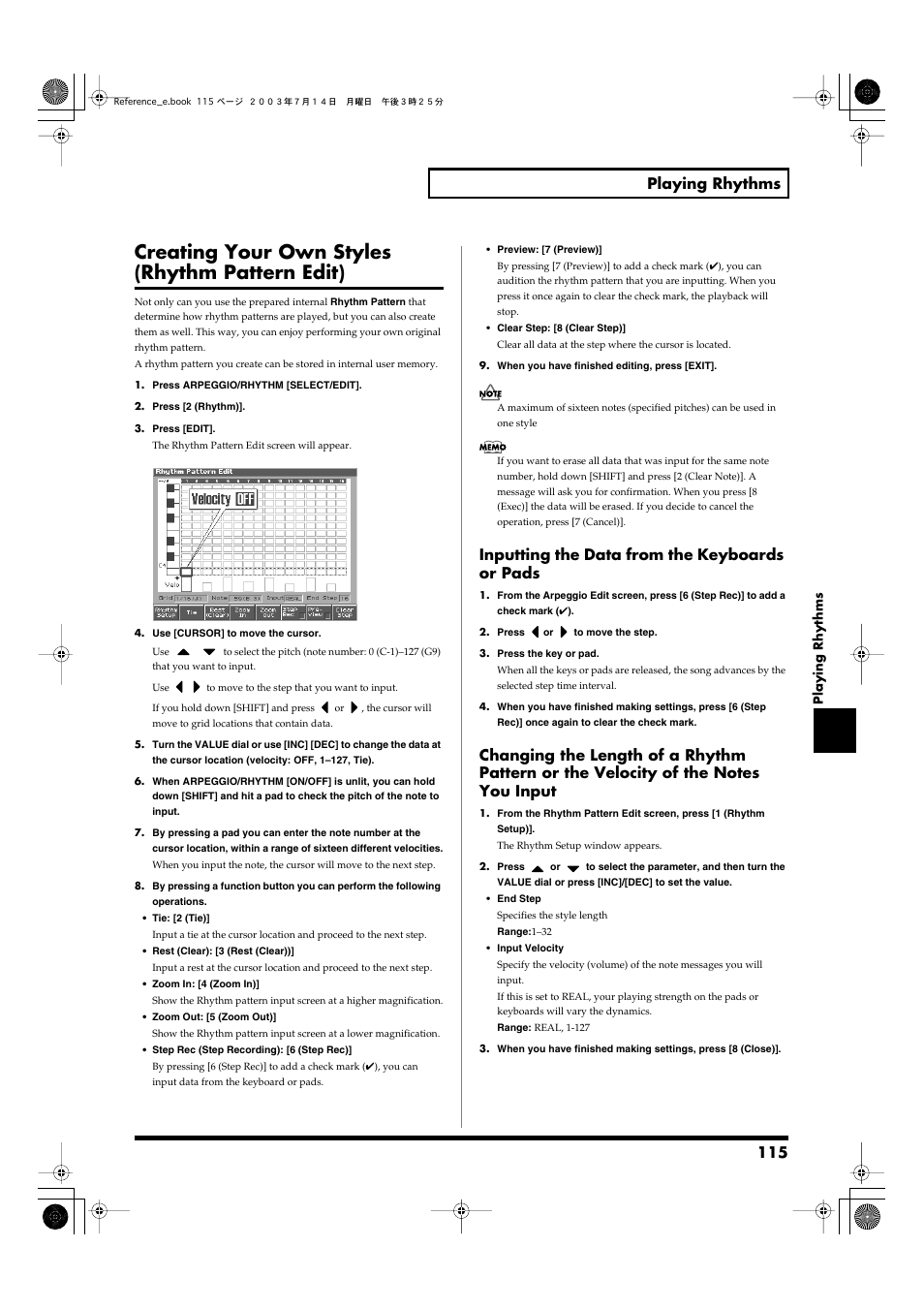 Creating your own styles (rhythm pattern edit), 115 playing rhythms, Inputting the data from the keyboards or pads | Roland Fantom-S User Manual | Page 115 / 228