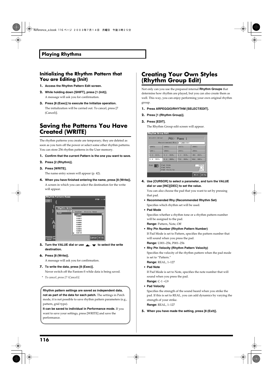 Saving the patterns you have created (write), Creating your own styles (rhythm group edit) | Roland Fantom-S User Manual | Page 116 / 228