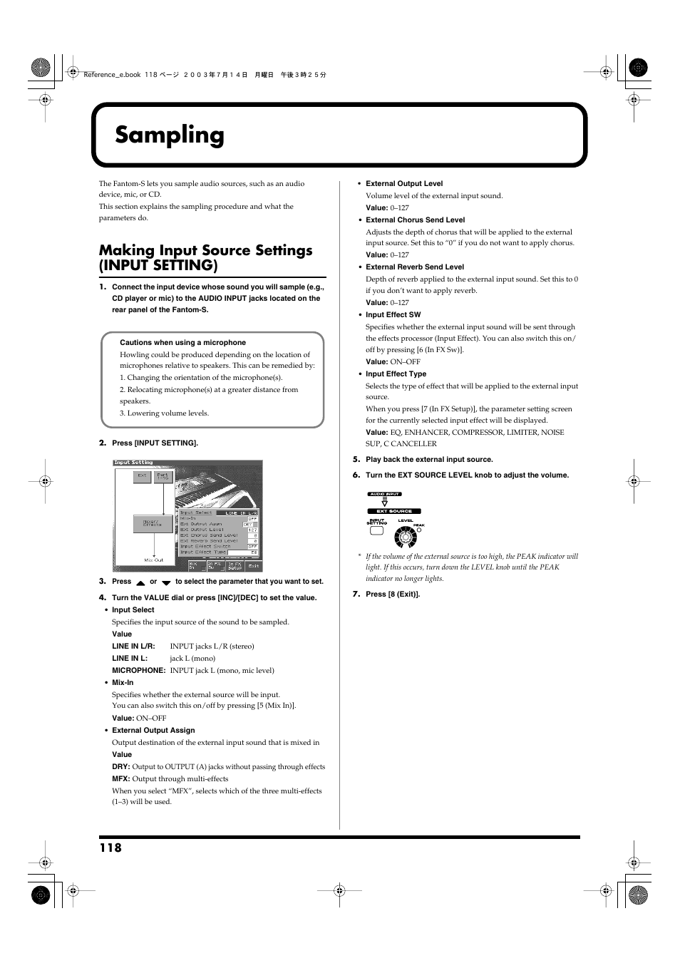 Sampling, Making input source settings (input setting), P. 118) | Select (p. 118) to “microphone | Roland Fantom-S User Manual | Page 118 / 228