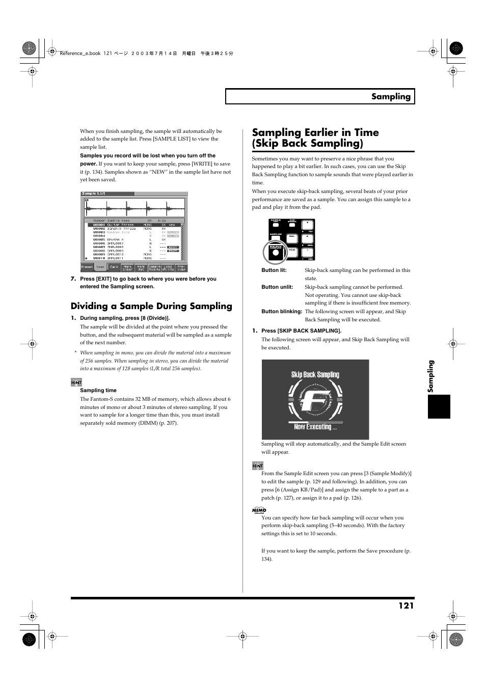 Dividing a sample during sampling, Sampling earlier in time (skip back sampling), P. 121) | 121 sampling | Roland Fantom-S User Manual | Page 121 / 228