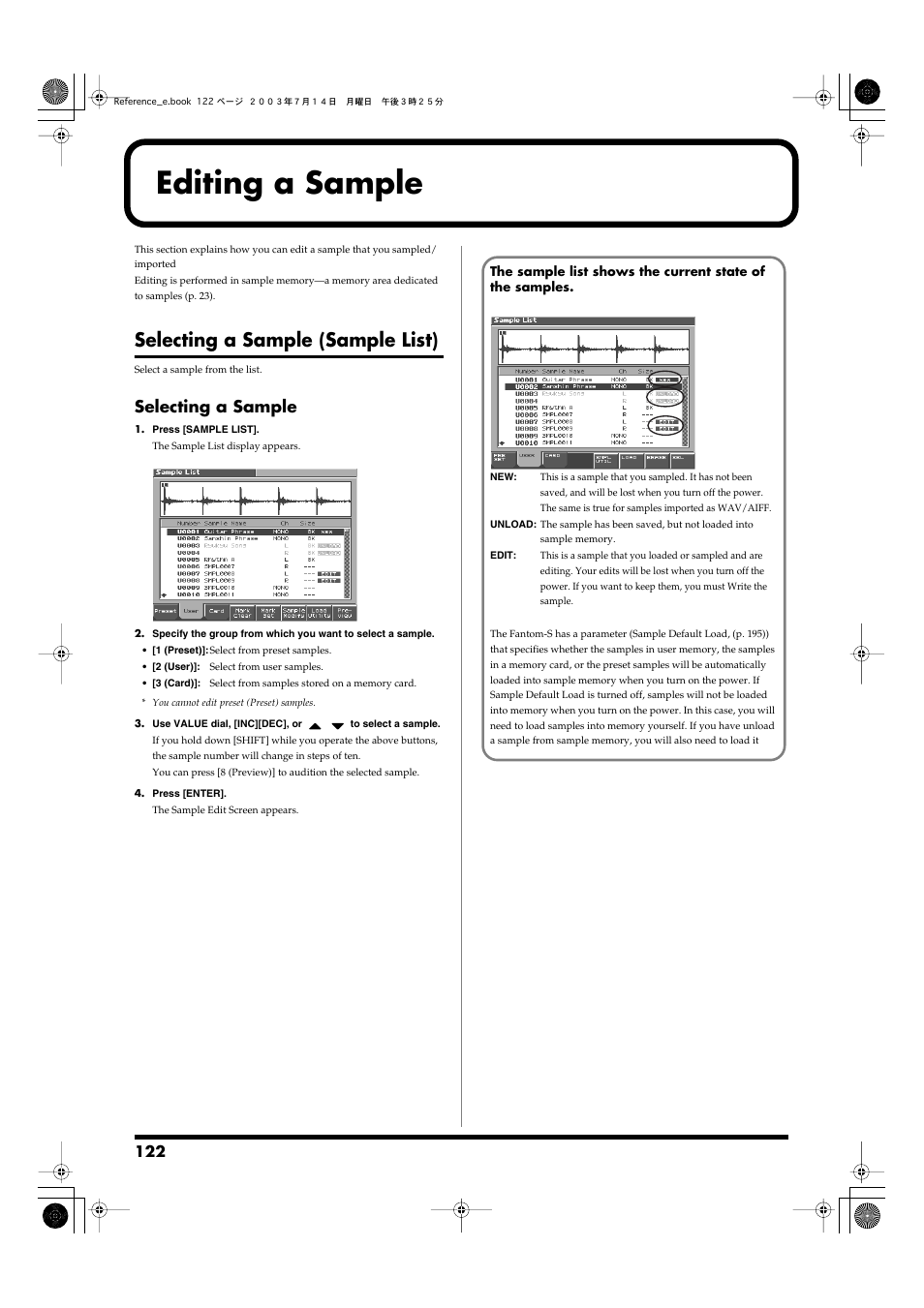 Editing a sample, Selecting a sample (sample list), Selecting a sample | P. 122) | Roland Fantom-S User Manual | Page 122 / 228