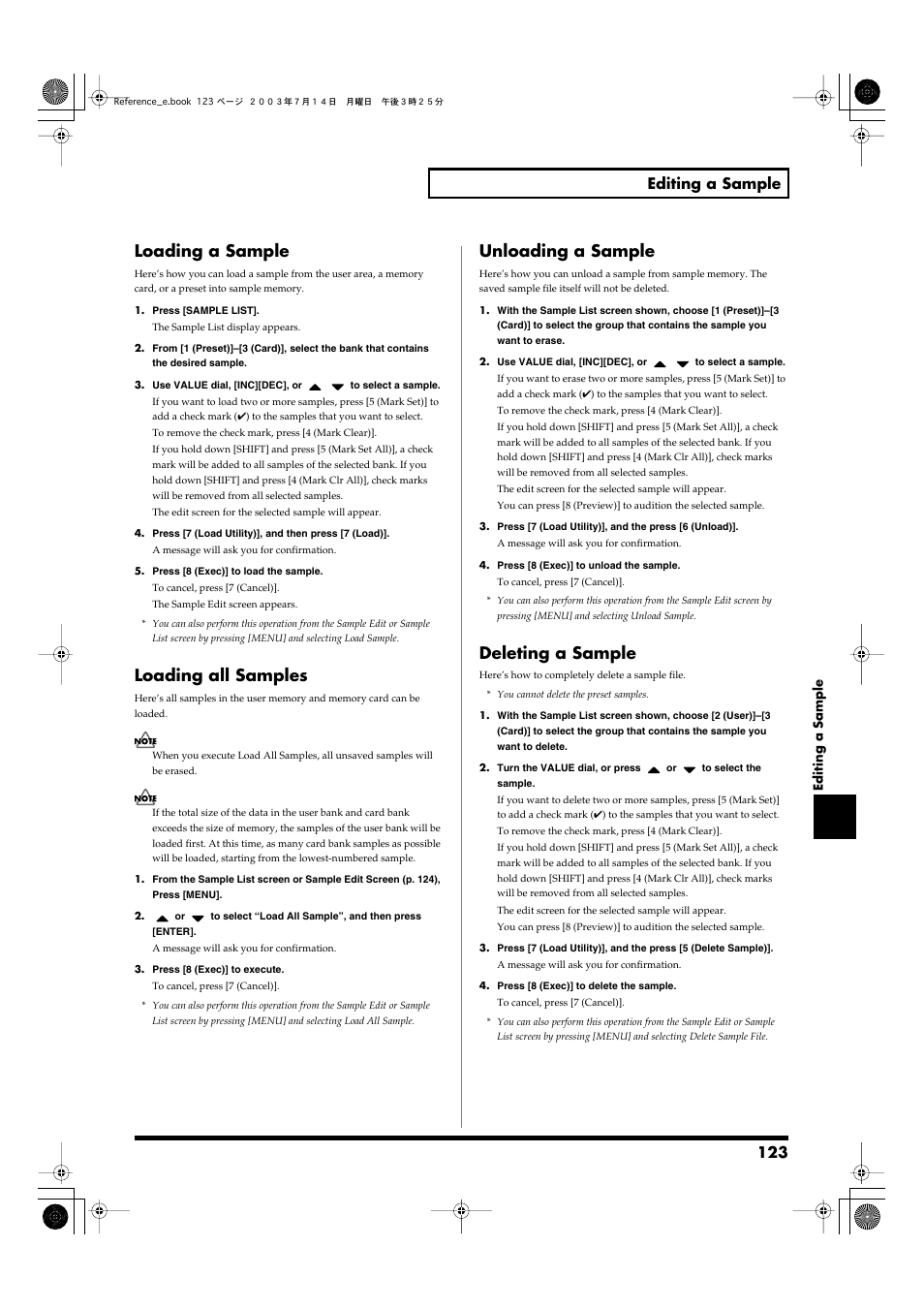 Loading a sample, Loading all samples, Unloading a sample | Deleting a sample, 123 editing a sample | Roland Fantom-S User Manual | Page 123 / 228