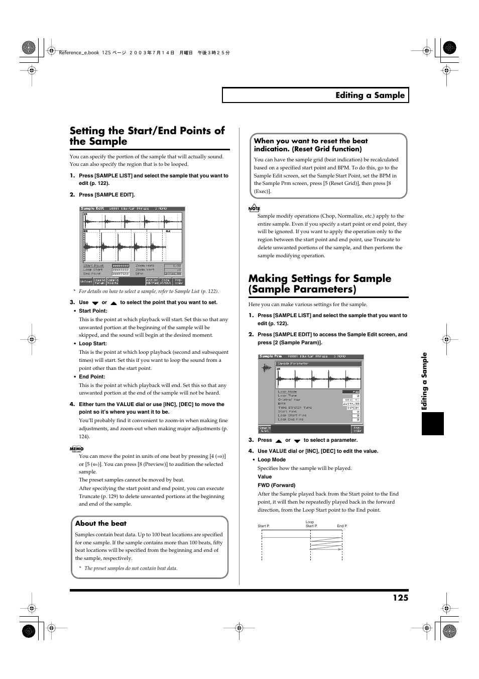 Setting the start/end points of the sample, Making settings for sample (sample parameters), 125 editing a sample | Roland Fantom-S User Manual | Page 125 / 228