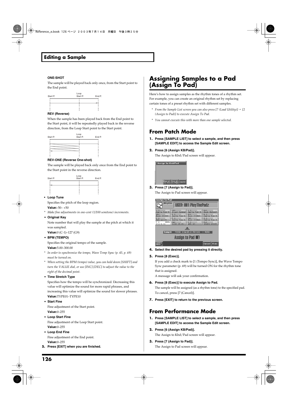 Assigning samples to a pad (assign to pad), From patch mode, From performance mode | From patch mode from performance mode, 126 editing a sample | Roland Fantom-S User Manual | Page 126 / 228