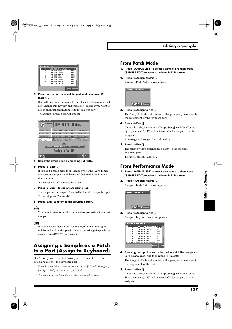 From patch mode, From performance mode, From patch mode from performance mode | Patch (p. 127), or assign it to a pad (p. 126), 127 editing a sample | Roland Fantom-S User Manual | Page 127 / 228