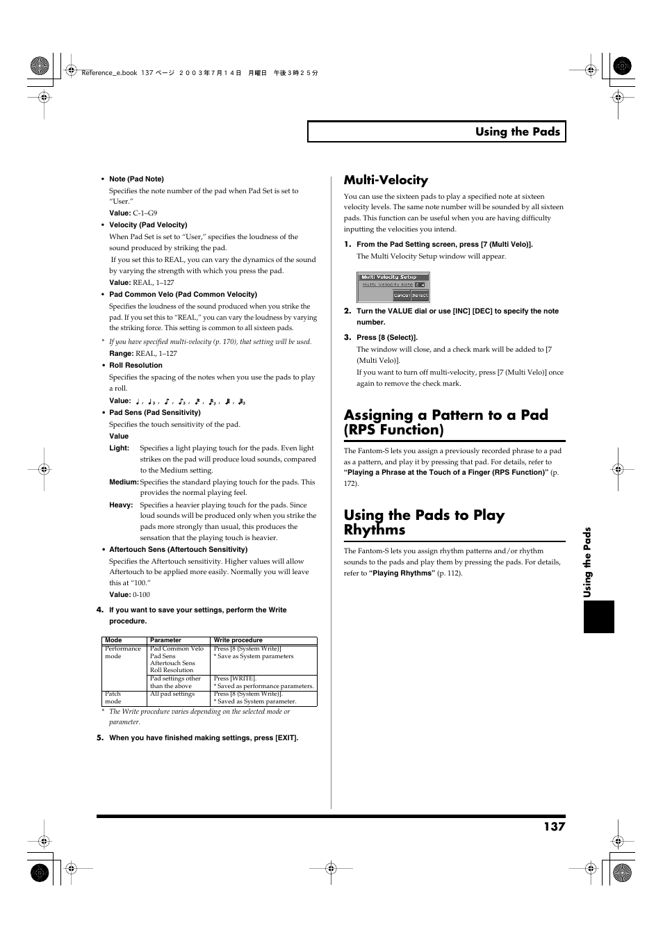 Multi-velocity, Assigning a pattern to a pad (rps function), Using the pads to play rhythms | When the multi velocity parameter (p. 137) is on, 137 using the pads | Roland Fantom-S User Manual | Page 137 / 228