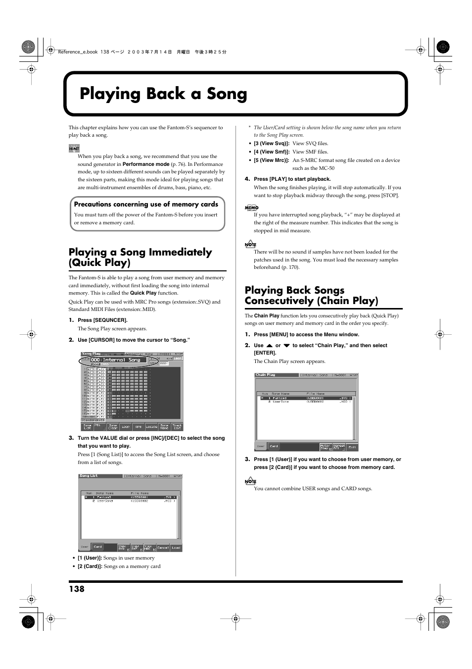 Playing back a song, Playing a song immediately (quick play), Playing back songs consecutively (chain play) | P. 138) | Roland Fantom-S User Manual | Page 138 / 228