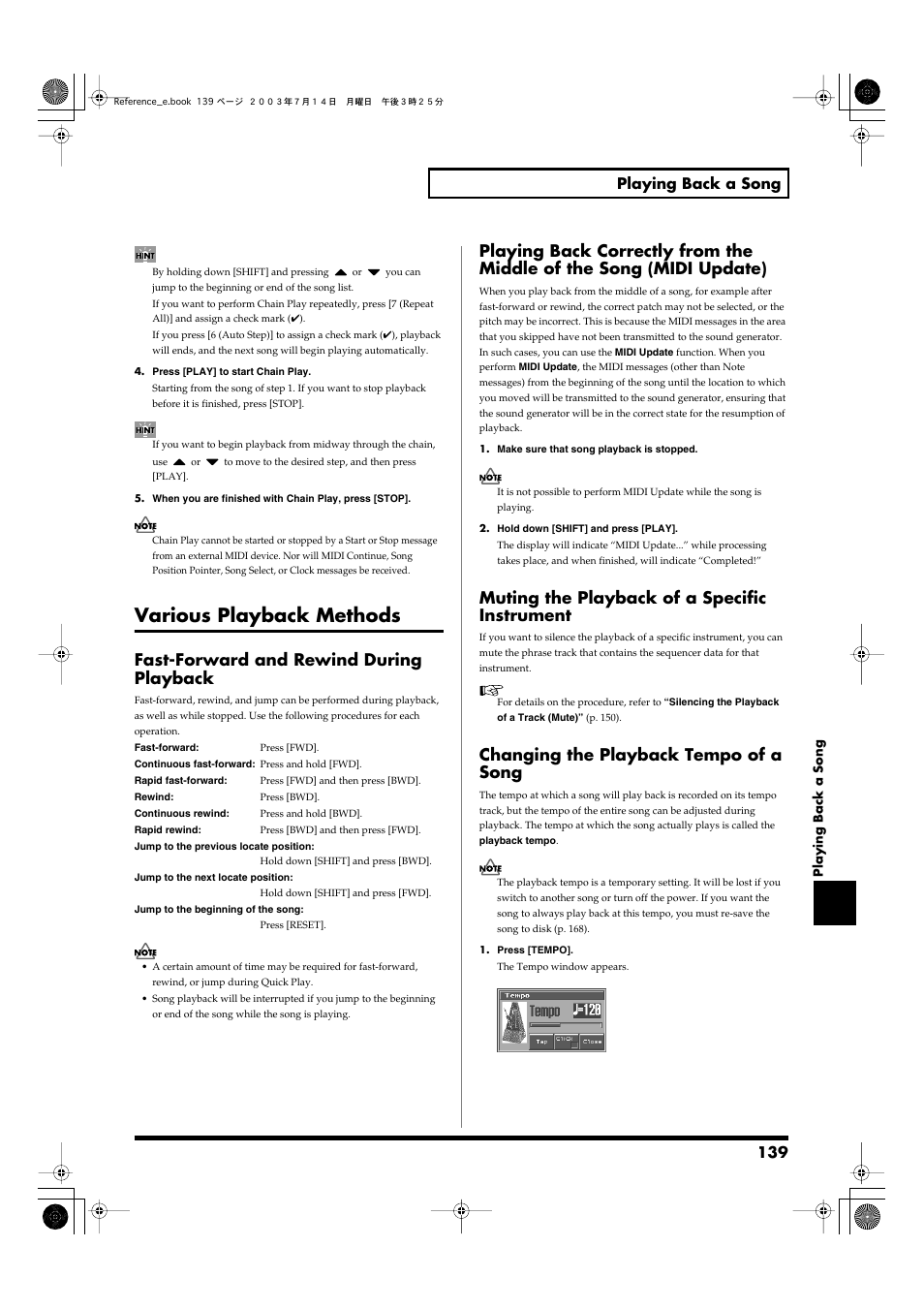 Various playback methods, Fast-forward and rewind during playback, Muting the playback of a specific instrument | Changing the playback tempo of a song, P. 139), 139 playing back a song | Roland Fantom-S User Manual | Page 139 / 228