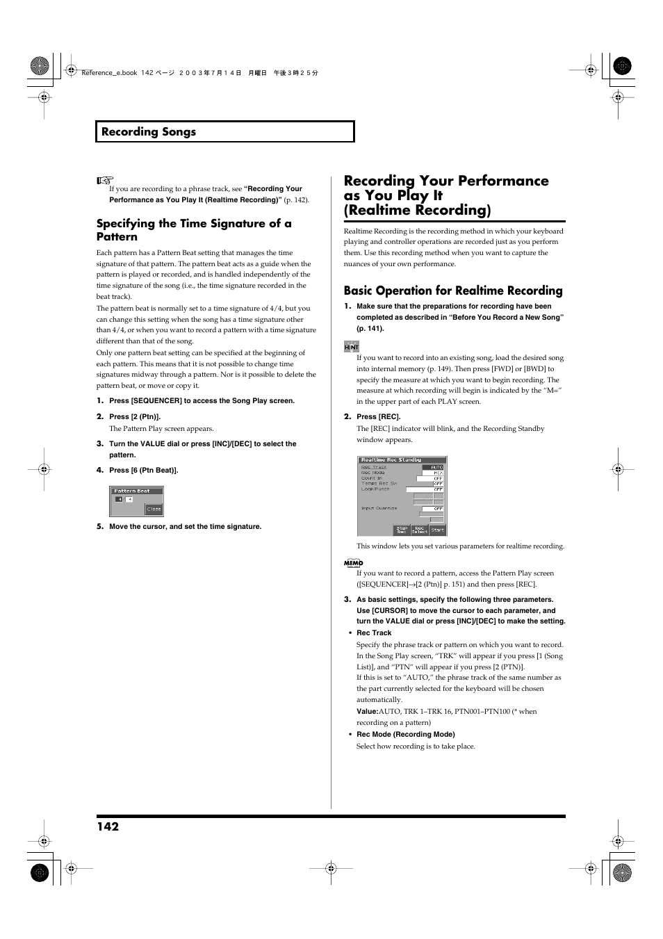 Basic operation for realtime recording, Realtime recording (p. 142), 142 recording songs | Specifying the time signature of a pattern | Roland Fantom-S User Manual | Page 142 / 228