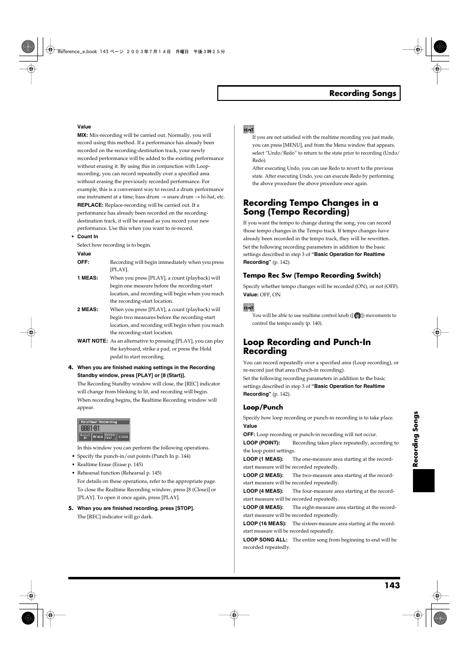 Loop recording and punch-in recording, 143 recording songs | Roland Fantom-S User Manual | Page 143 / 228