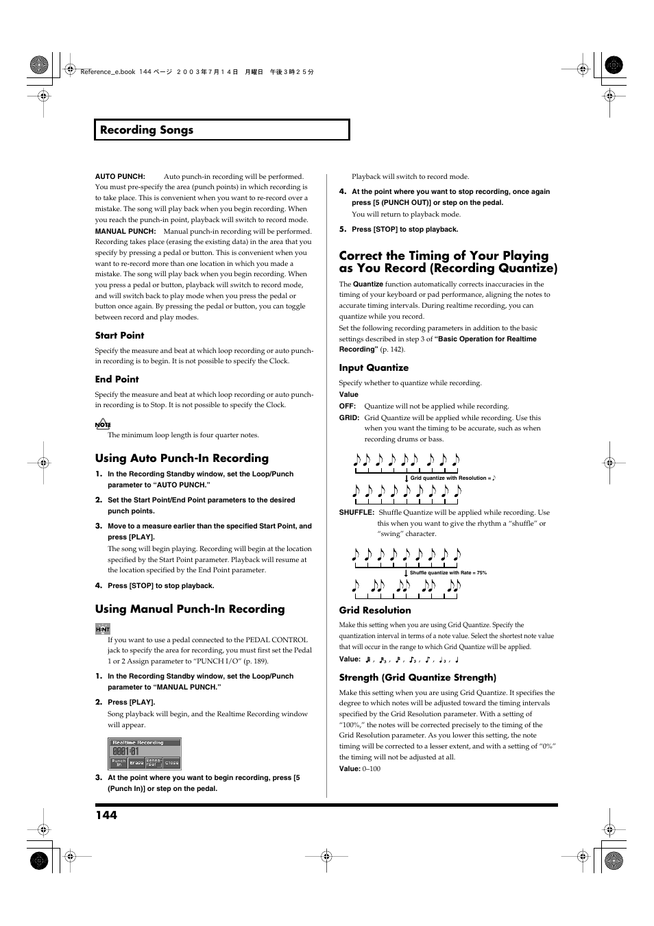 Specify the punch-in/out points (punch in p. 144), 144 recording songs, Using auto punch-in recording | Using manual punch-in recording | Roland Fantom-S User Manual | Page 144 / 228