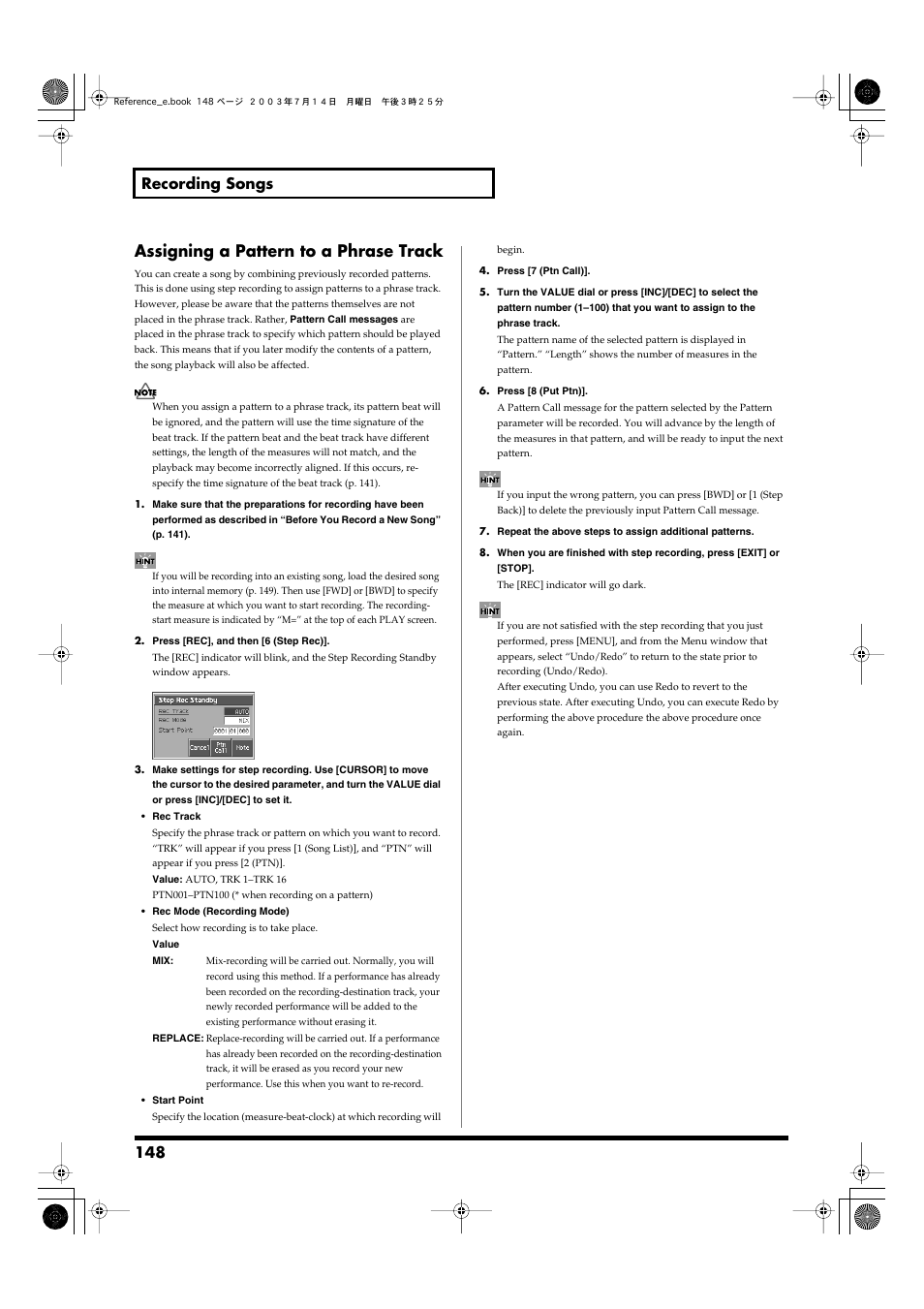 Assigning a pattern to a phrase track, 148 recording songs | Roland Fantom-S User Manual | Page 148 / 228